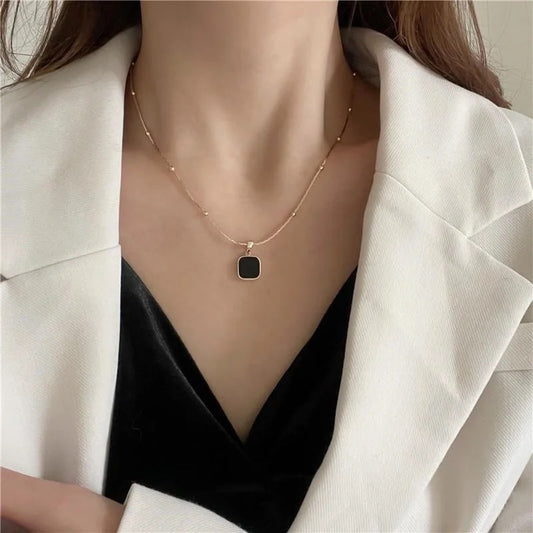 Black Square Pendant Minimalist Gold Necklace