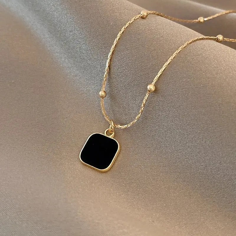 Black Square Pendant Minimalist Gold Necklace