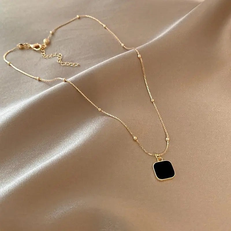 Black Square Pendant Minimalist Gold Necklace