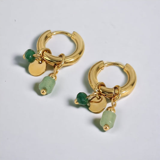 Earrings Gold Hoops with Vintage Green Natural Stone Charms