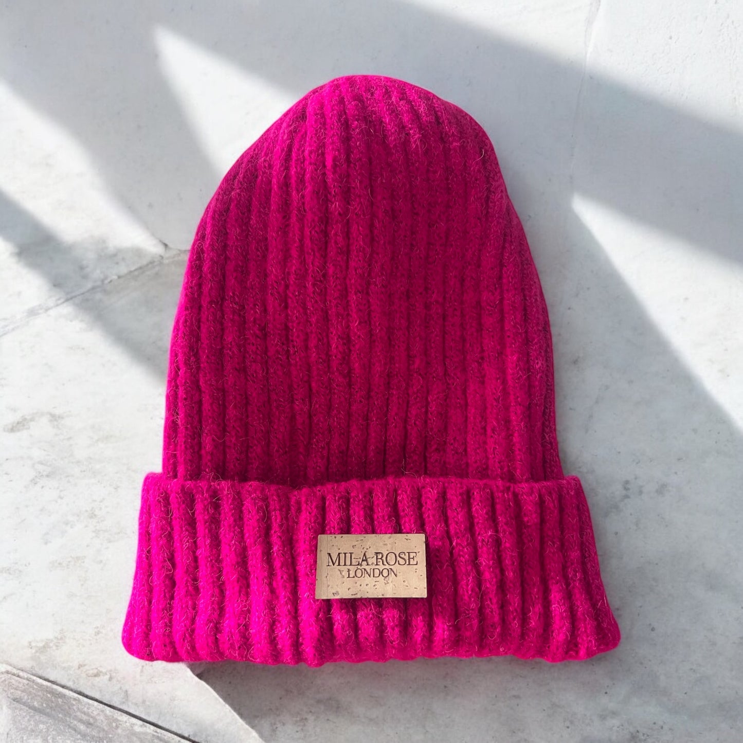 Mila Rose London Winter Beanie Hot Pink Barbie Pink with Vegan Cork Leather Embossed Logo