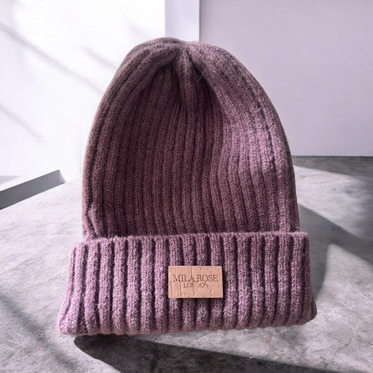 Mila Rose London Winter Beanie Purple with Vegan Cork Leather Embossed Logo