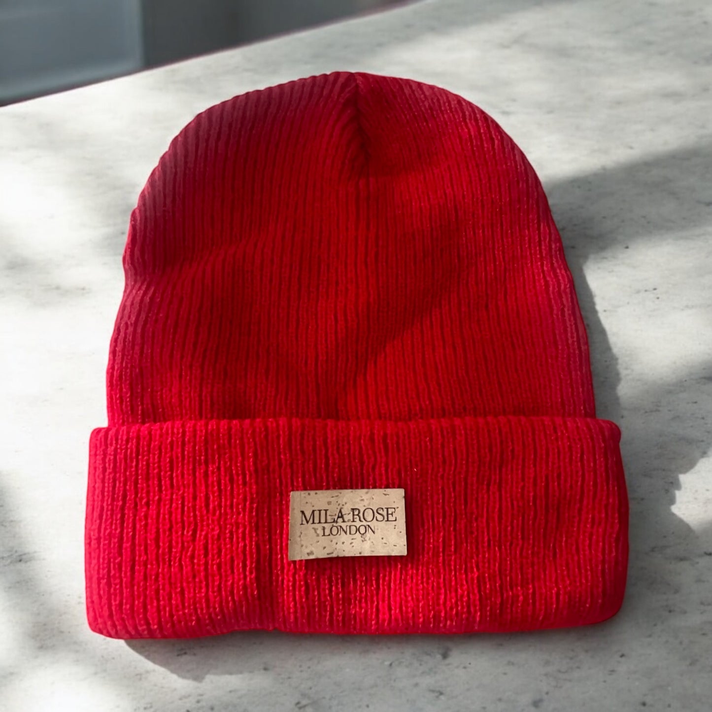 Mila Rose London Winter Beanie Red with Vegan Cork Leather Embossed Logo