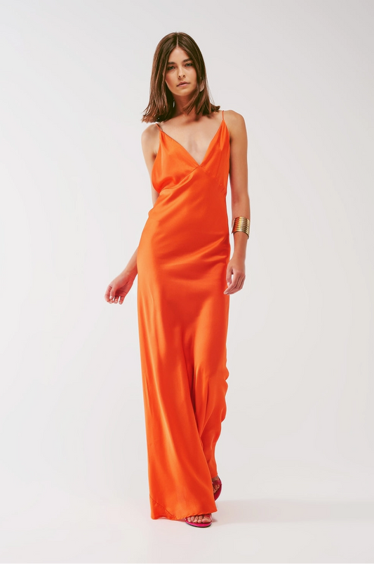 Satin Maxi Dress with Spaghetti Straps in Orange