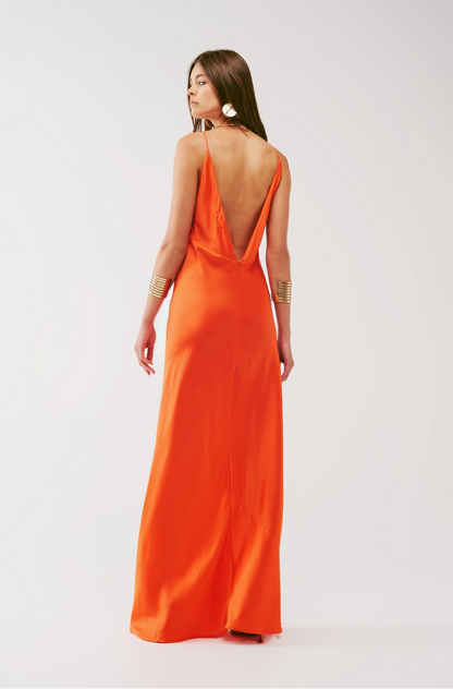 Satin Maxi Dress with Spaghetti Straps in Orange