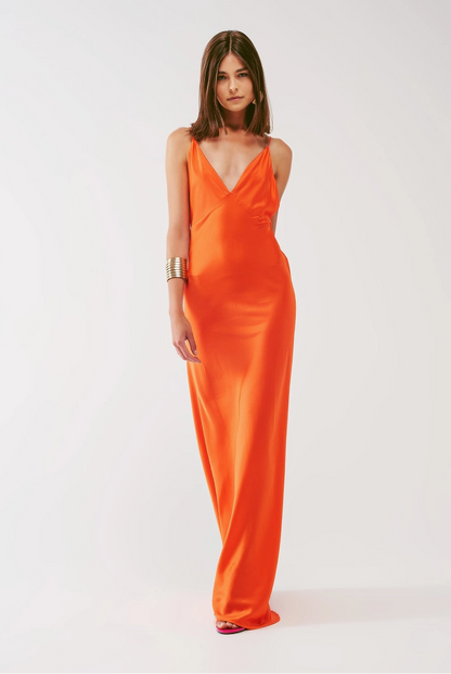 Satin Maxi Dress with Spaghetti Straps in Orange