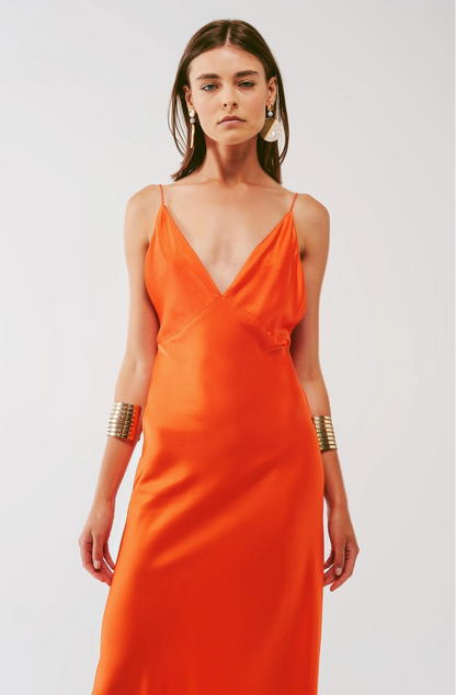 Satin Maxi Dress with Spaghetti Straps in Orange