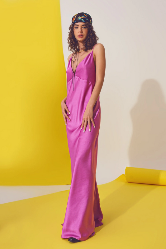 Satin Maxi Dress with Spaghetti Straps in Fuchsia