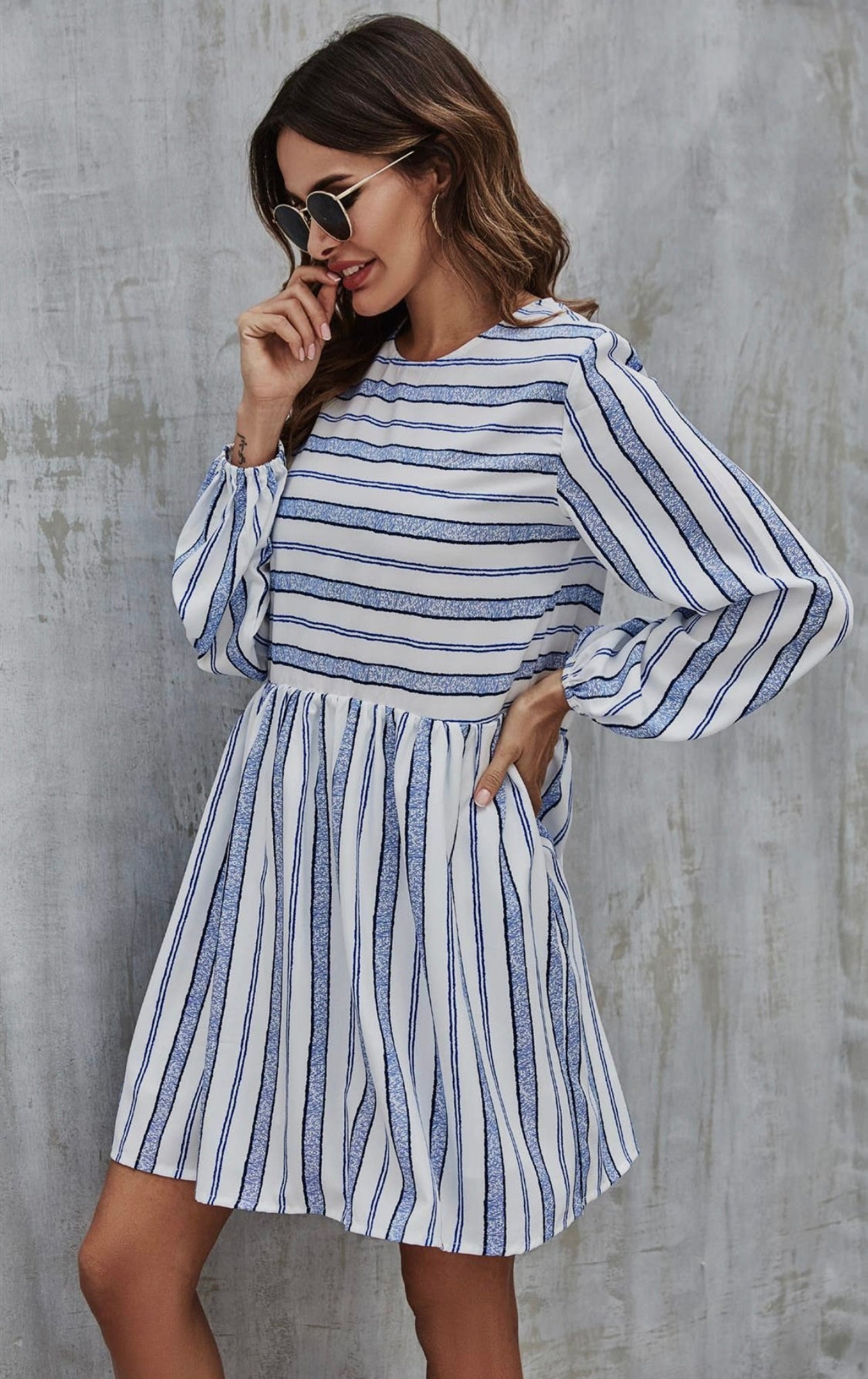 Blue Stripe Print Long Sleeve Smock