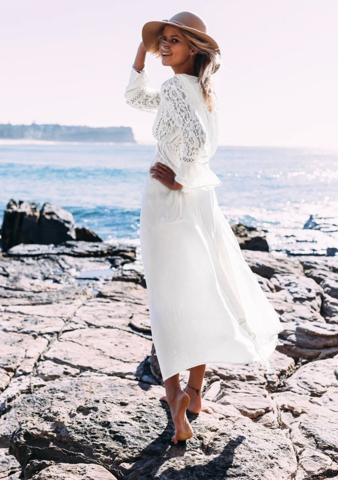 Beach cover up with lace long sleeve & adjustable waist