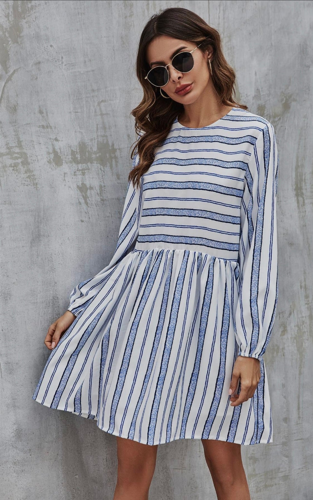 Blue Stripe Print Long Sleeve Smock