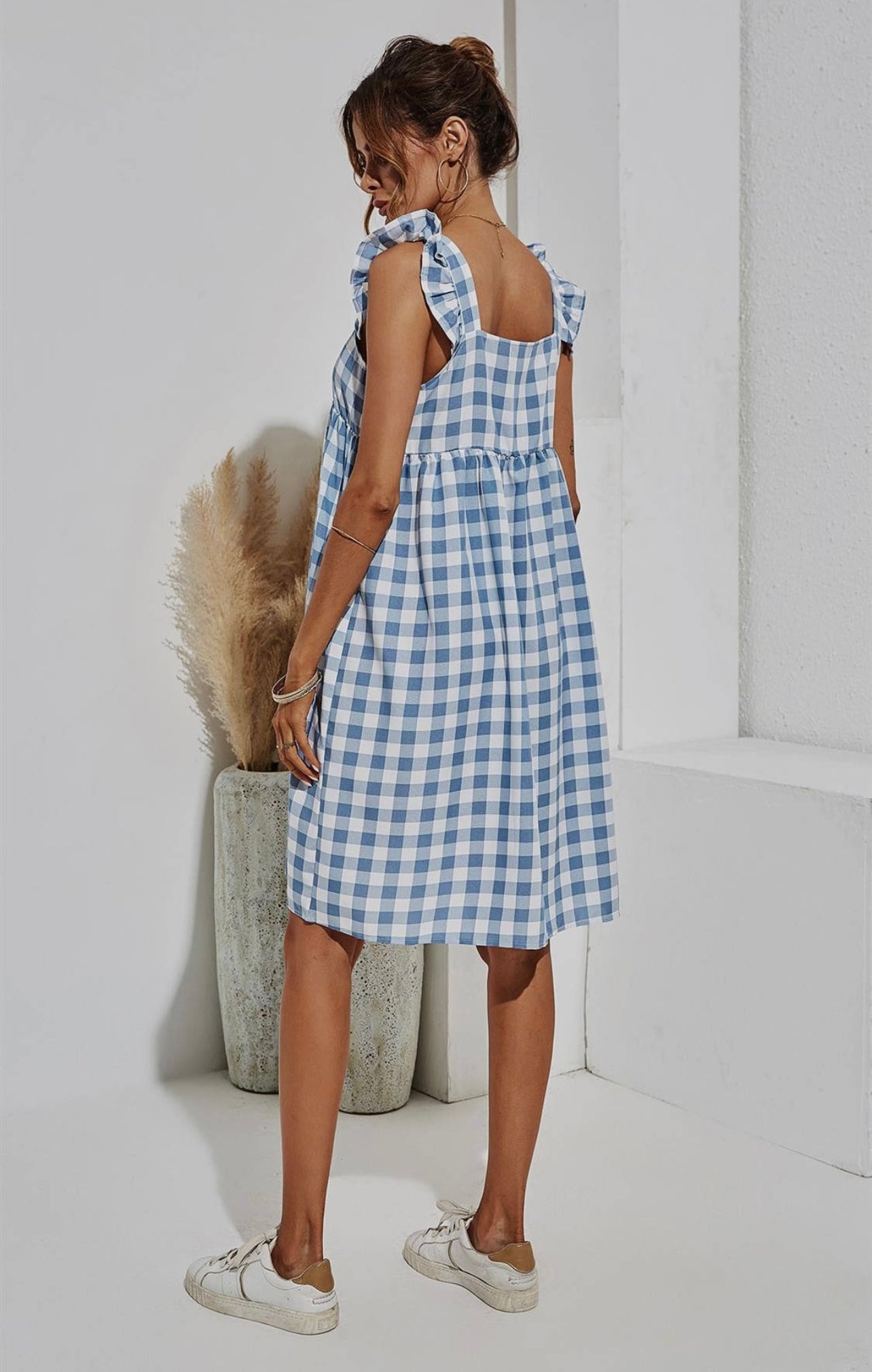 Blue Chequered Smock Dress in White