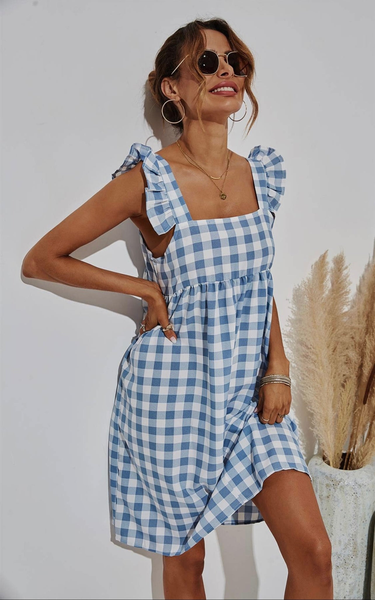 Blue Chequered Smock Dress in White