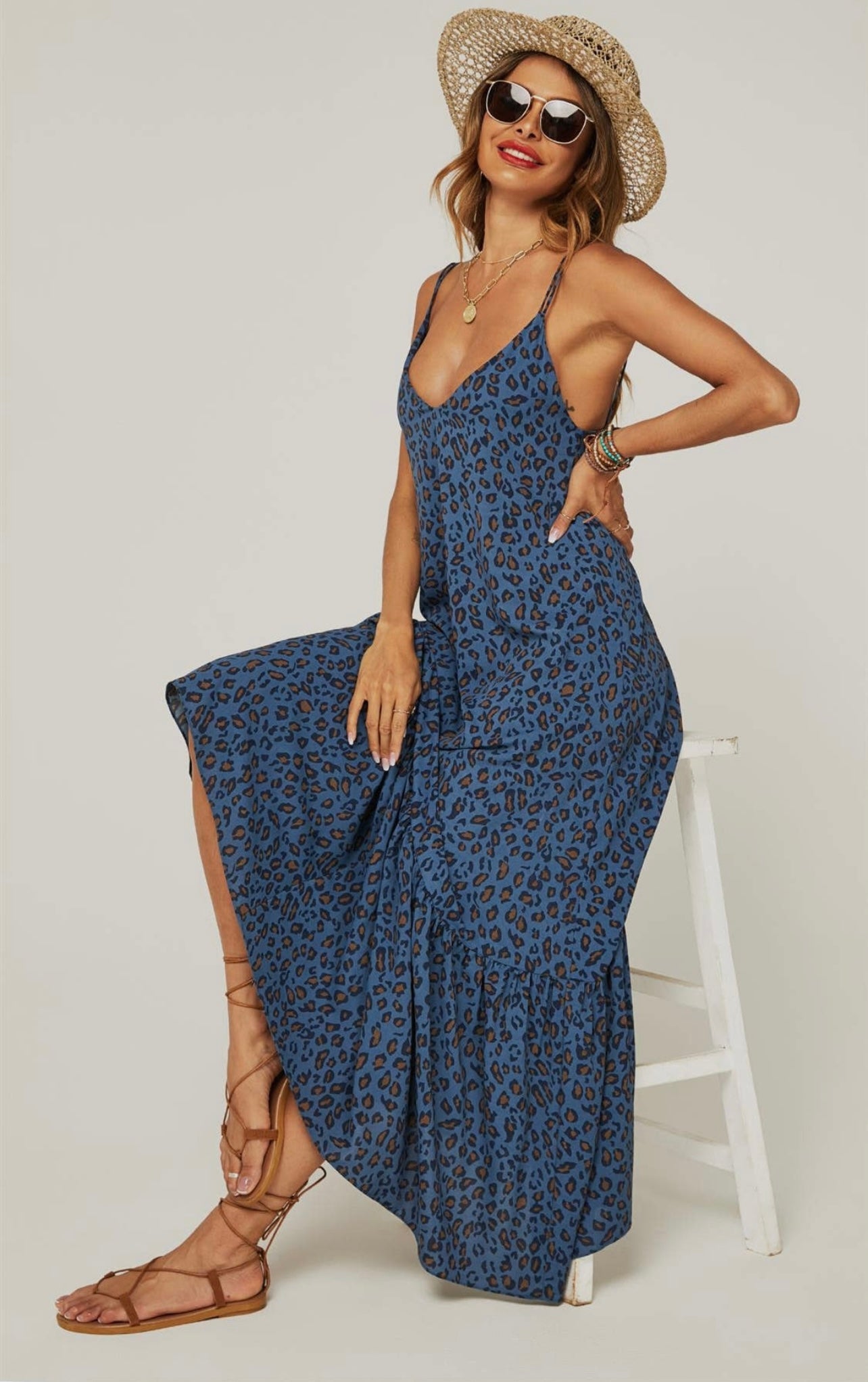 Navy Leopard Print Slip Dress