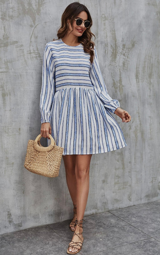 Blue Stripe Print Long Sleeve Smock