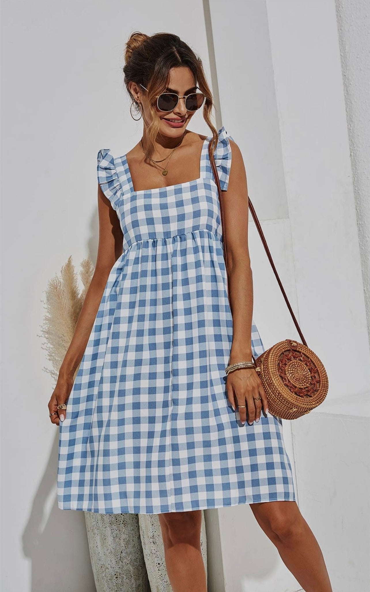 Blue Chequered Smock Dress in White