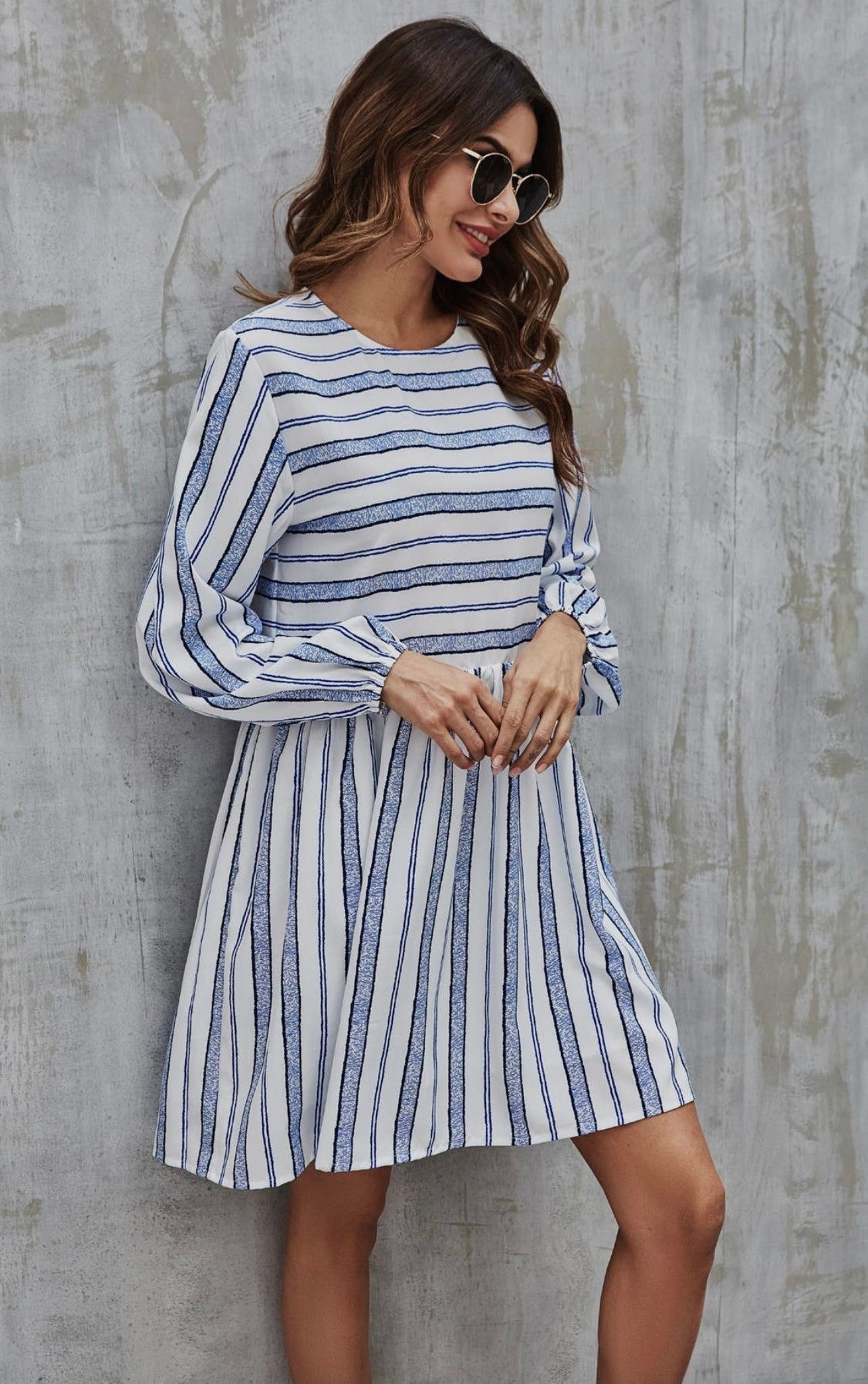 Blue Stripe Print Long Sleeve Smock