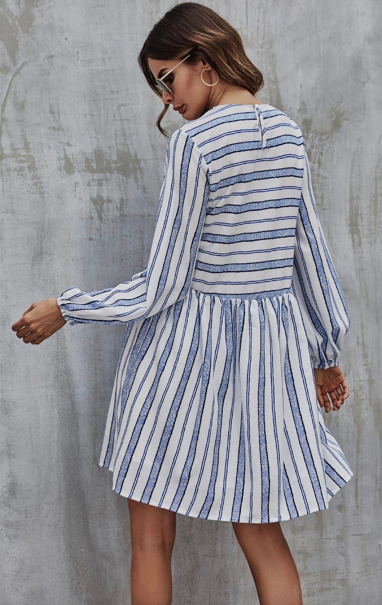 Blue Stripe Print Long Sleeve Smock