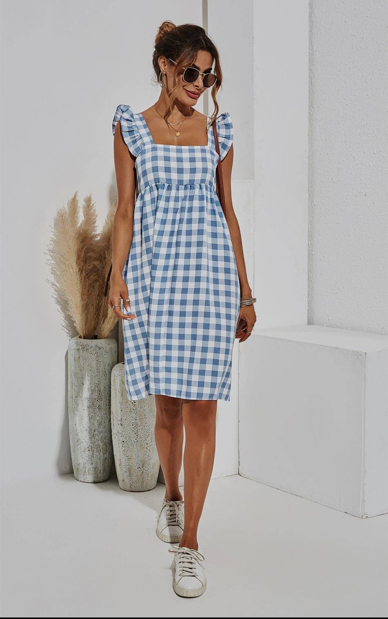 Blue Chequered Smock Dress in White