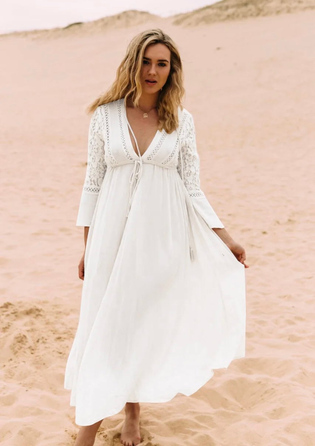 Beach cover up with lace long sleeve & adjustable waist