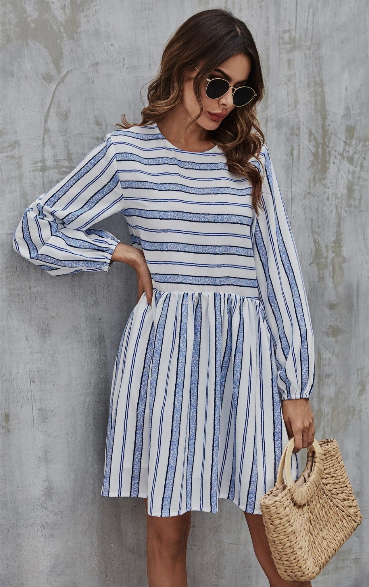 Blue Stripe Print Long Sleeve Smock