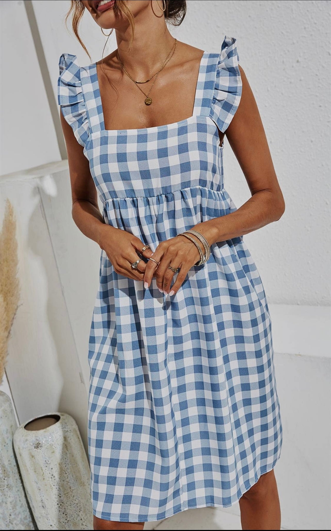 Blue Chequered Smock Dress in White