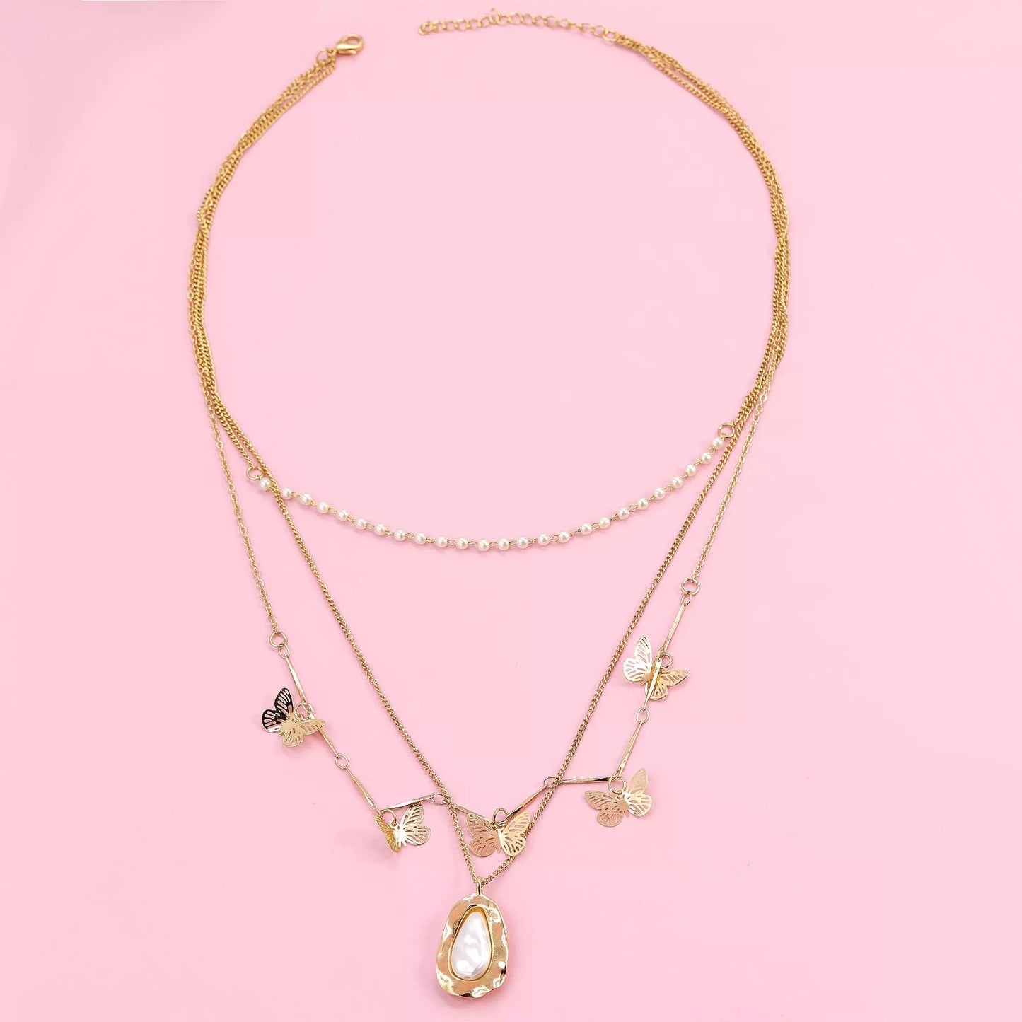 Gold Layered  Butterfly, Pearl & Baroque Necklace