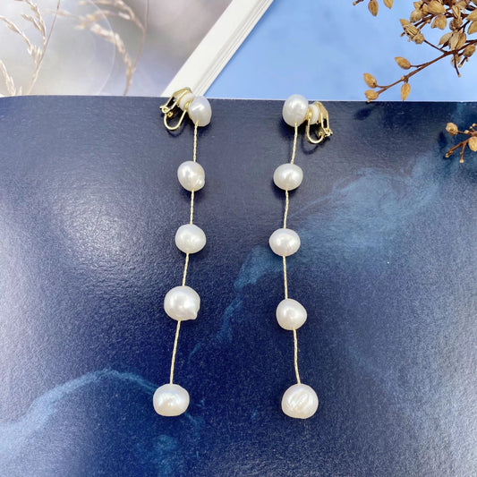 Five Pearl Drop Clip In Earrings in Gold