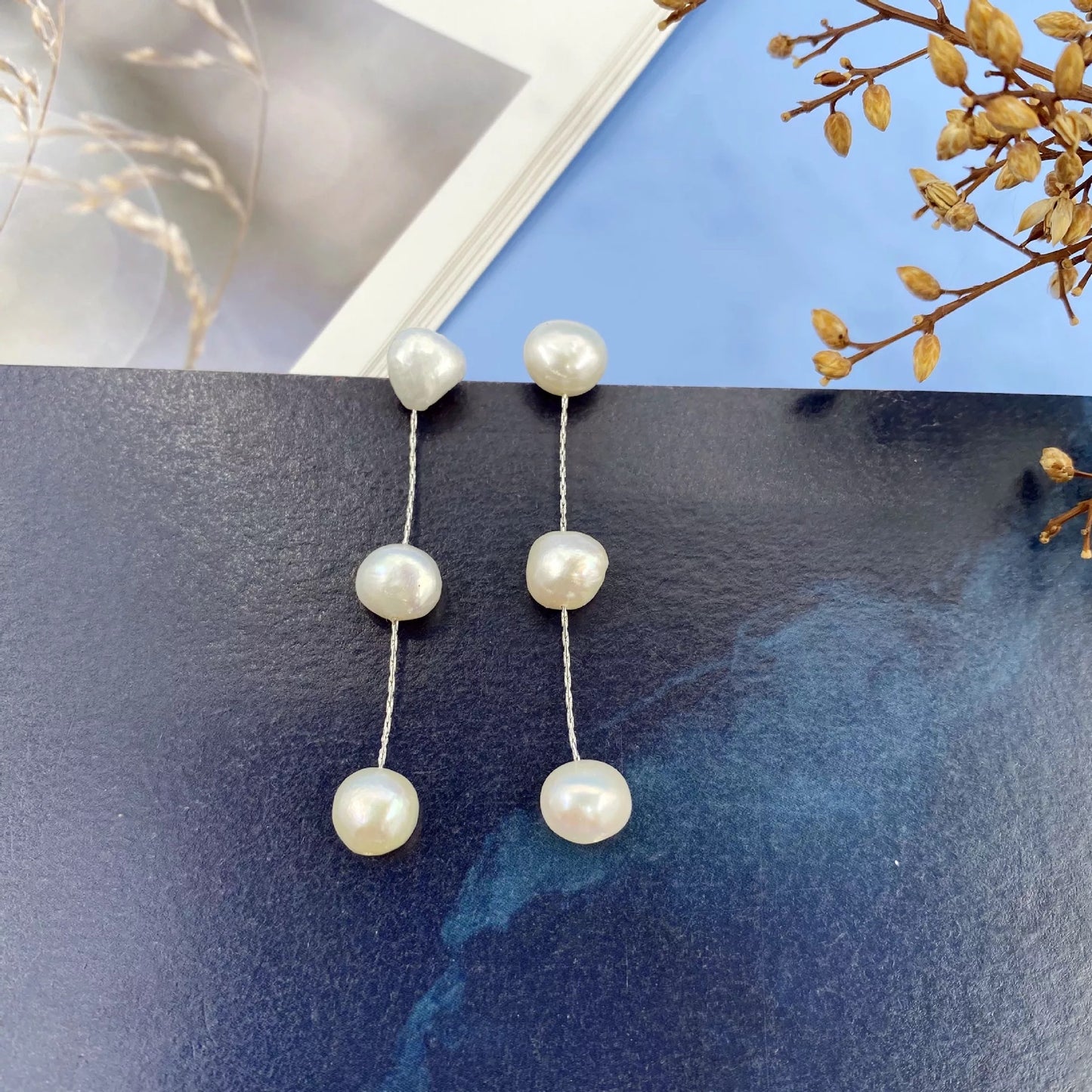 Three Drop Pearl Earrings in Silver