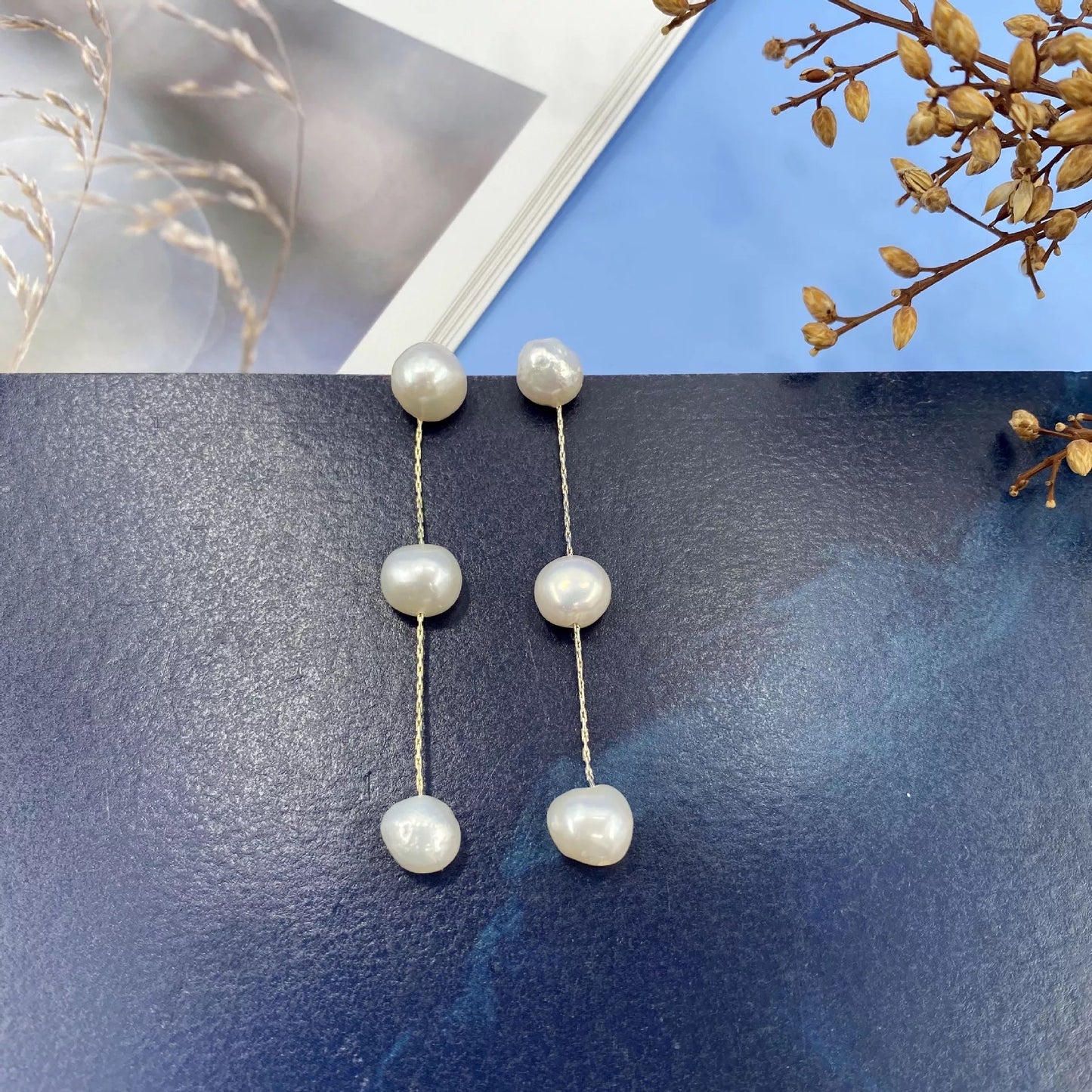 Three Pearl Drop Earrings in Gold